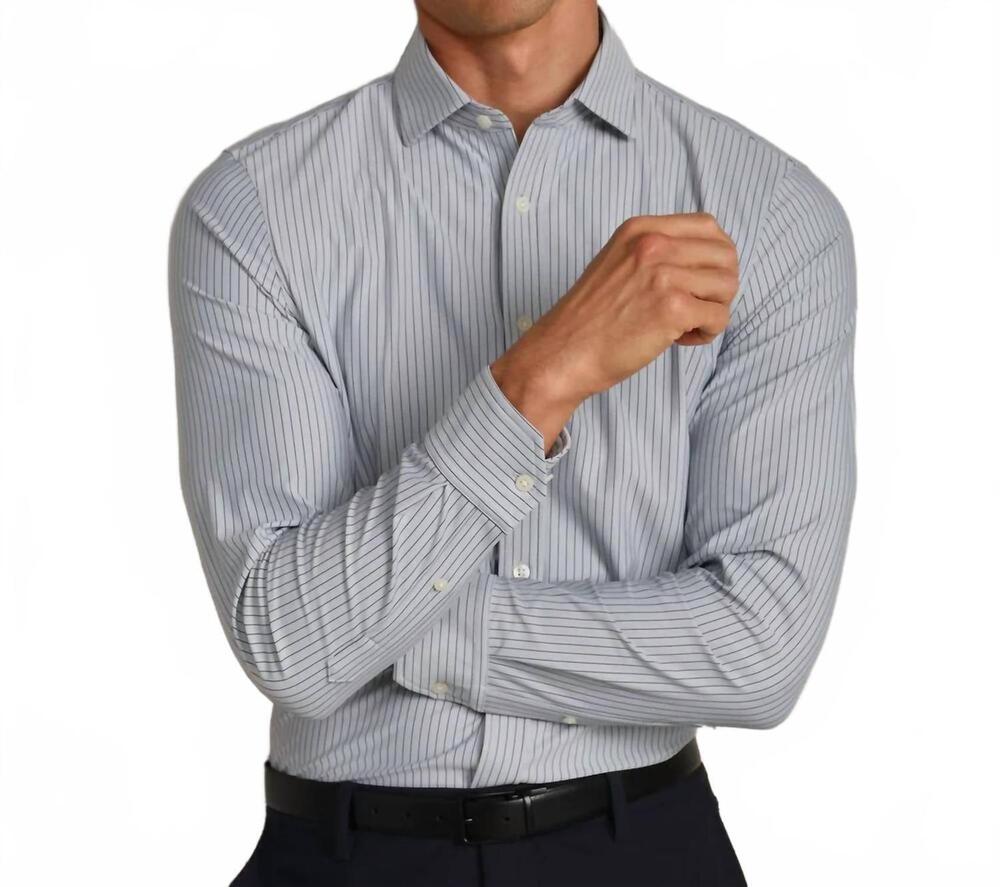 NEW RHONE men's commuter semi spread collar shirt in gray dark green stripe